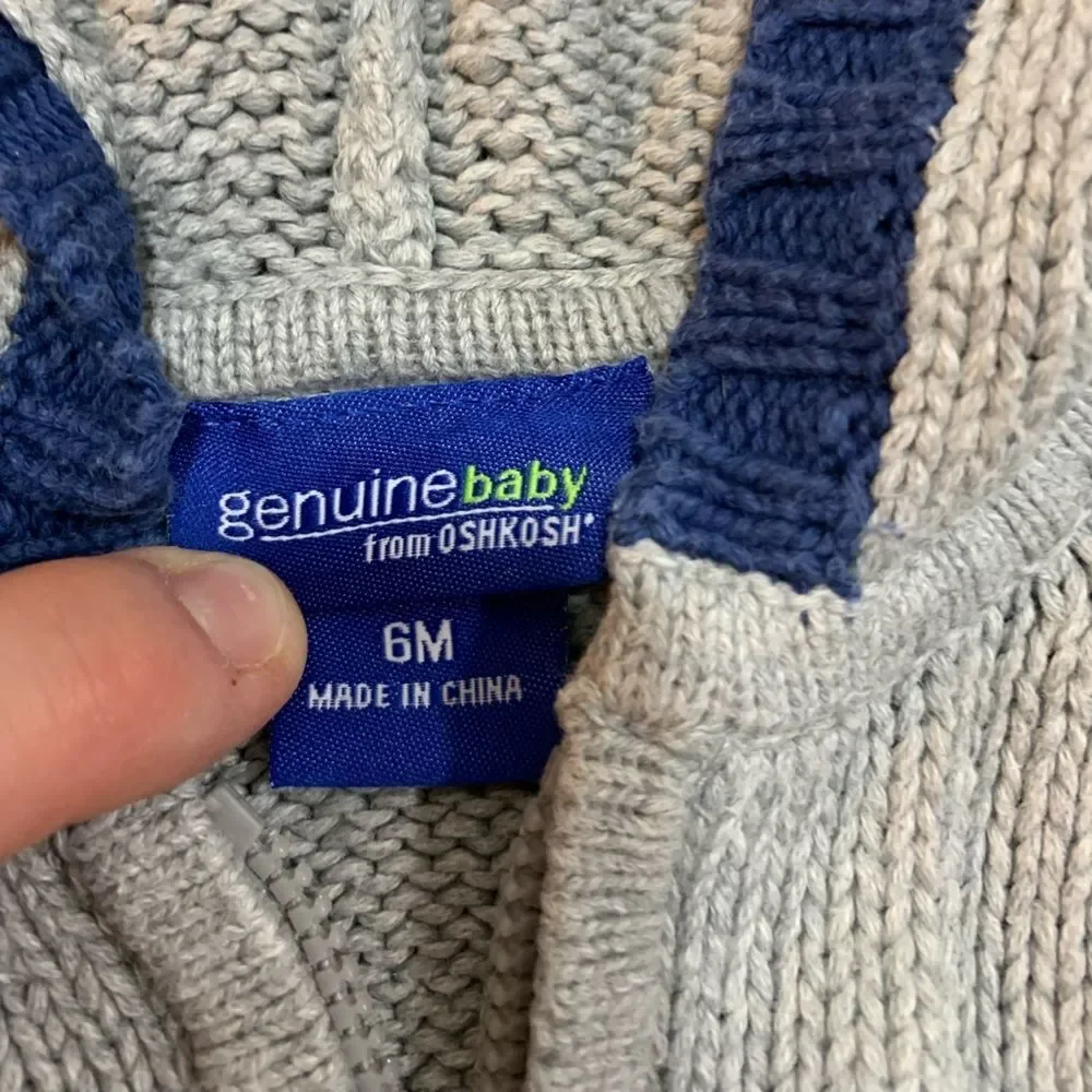 GENUINE Baby OshKosh Boys Grey Blue Full Zip Hooded Knit Cardigan Sweater 6M